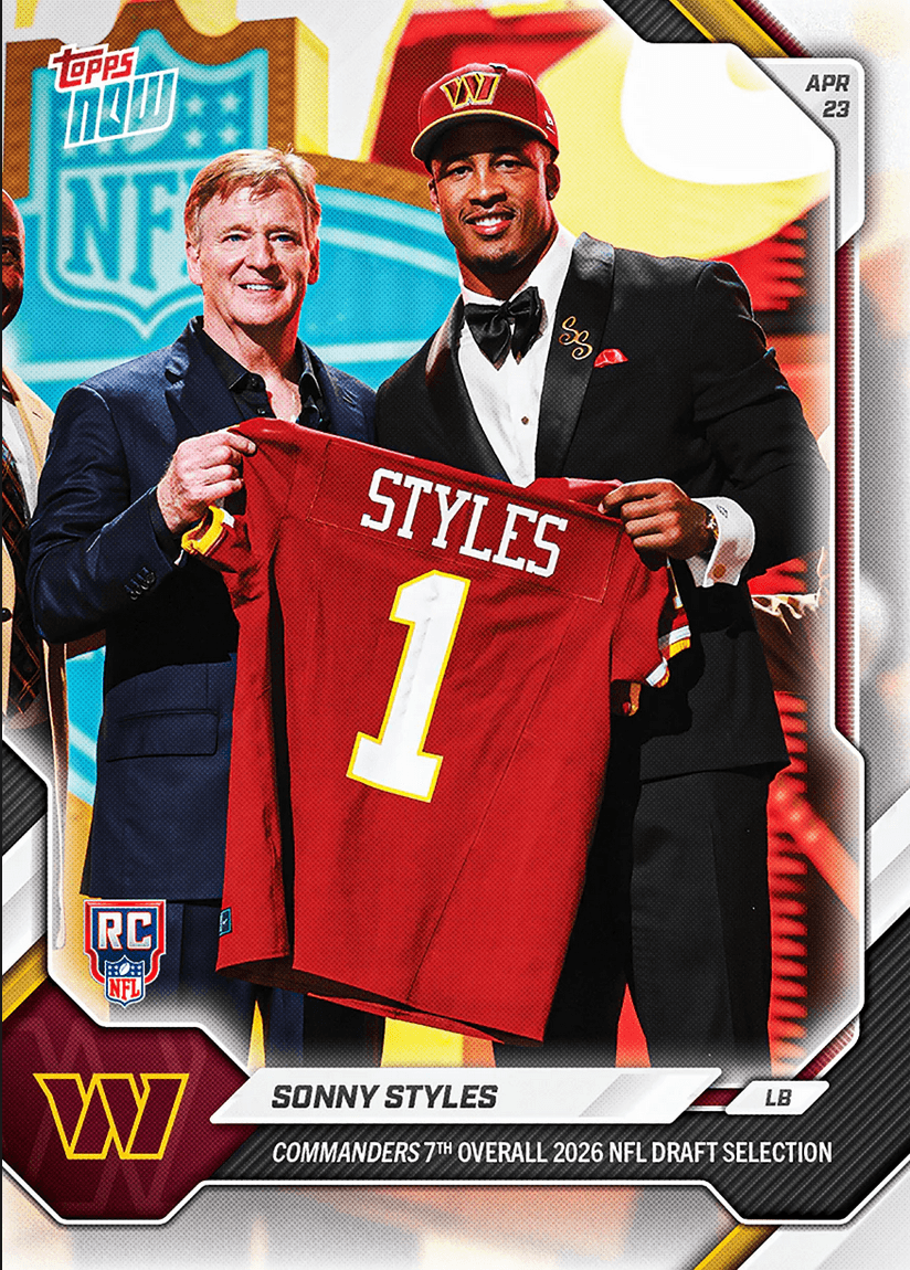 2026 Topps Now Sonny Styles #SSTY Commanders 7th Overall 2026 NFL Draft Selection Washington Commanders Rookie RC Football Card