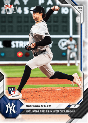 2026 Topps Now Cam Schlittler #114 Mass. Native Fires 8IP in Sweep Over Red Sox New York Yankees Rookie RC Baseball Card