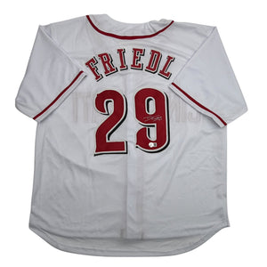 Autographed/Signed TJ Friedl Cincinnati White Baseball Jersey Beckett BAS COA