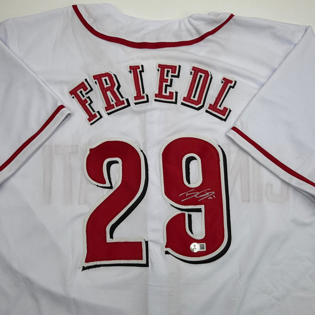 Autographed/Signed TJ Friedl Cincinnati White Baseball Jersey Beckett BAS COA