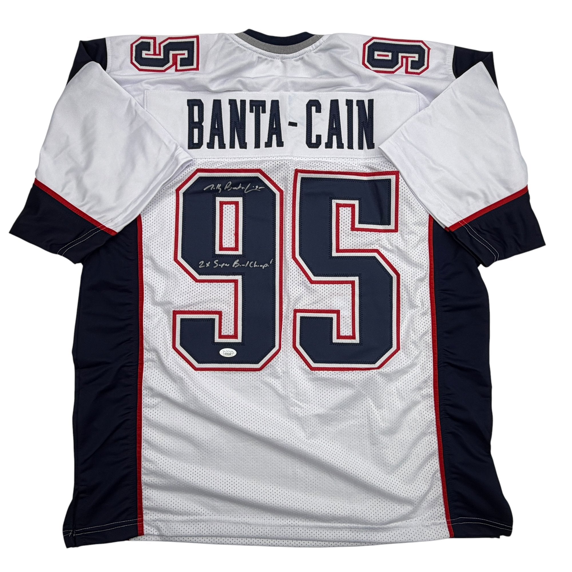 Autographed/Signed Tully Banta-Cain New England White Football Jersey JSA COA