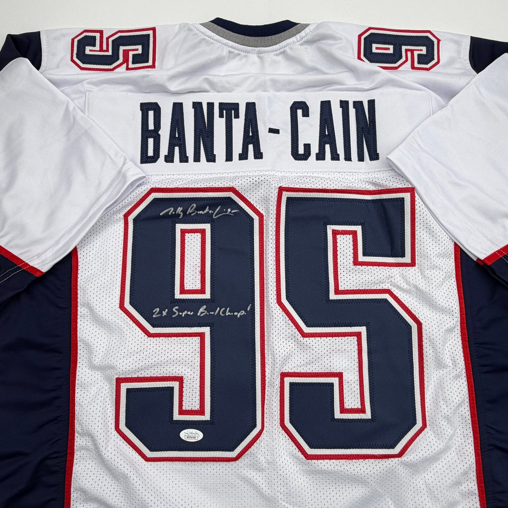 Autographed/Signed Tully Banta-Cain New England White Football Jersey JSA COA