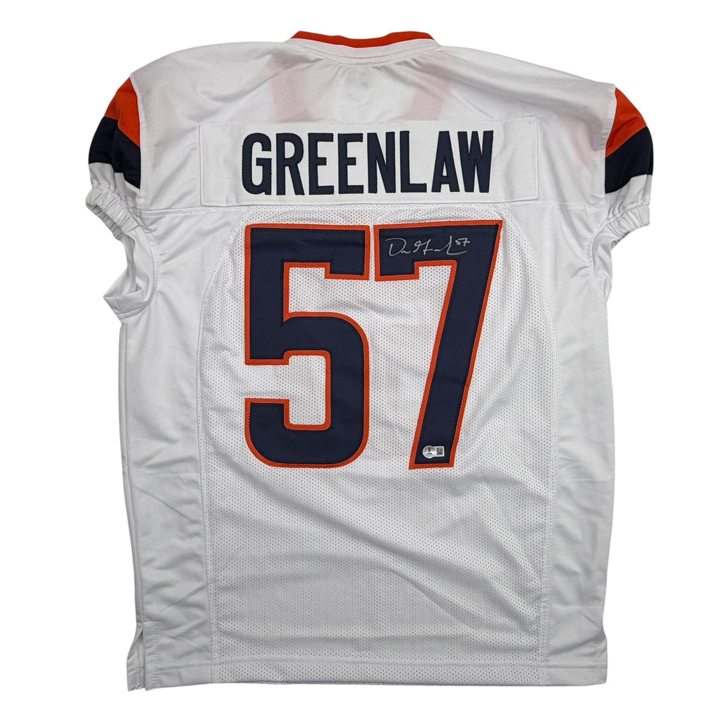 Autographed/Signed Dre Greenlaw Denver White Pro Cut Football Jersey Beckett BAS COA