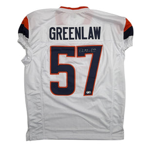 Autographed/Signed Dre Greenlaw Denver White Pro Cut Football Jersey Beckett BAS COA