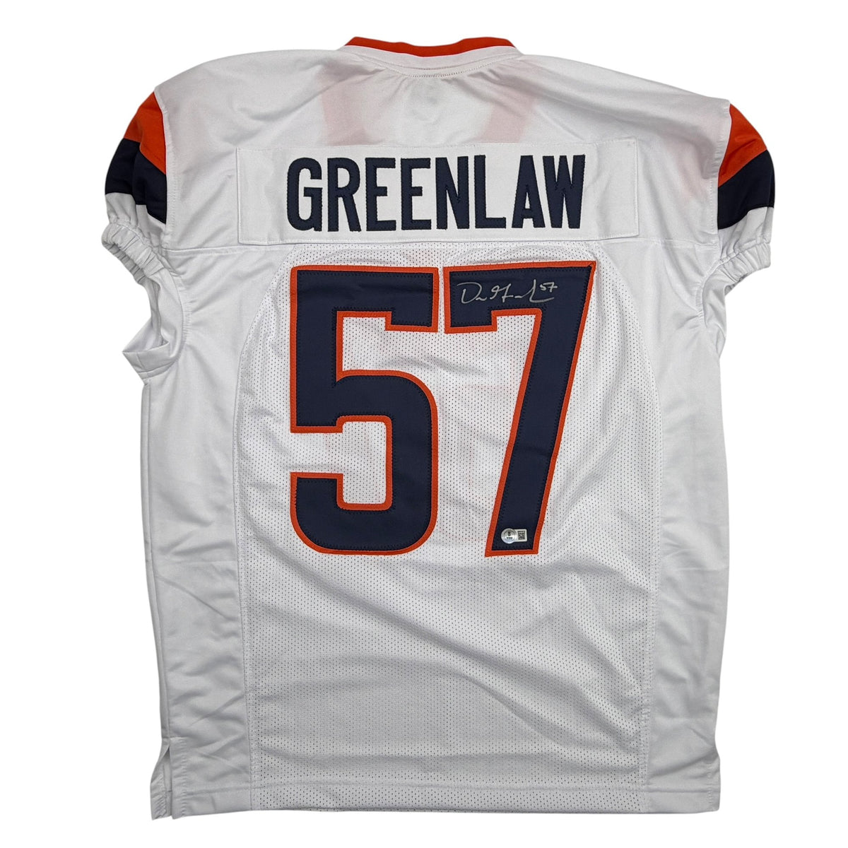 Autographed/Signed Dre Greenlaw Denver White Pro Cut Football Jersey Beckett BAS COA