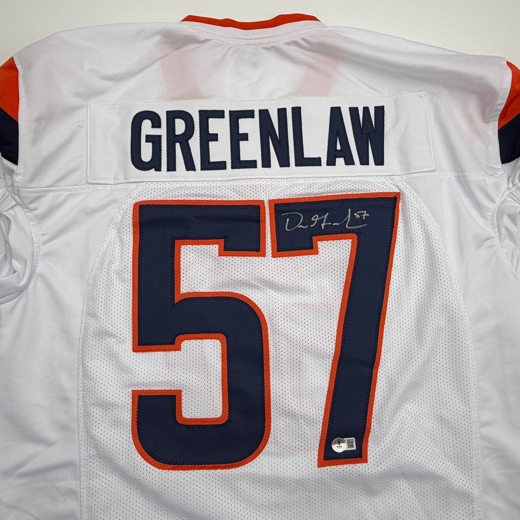 Autographed/Signed Dre Greenlaw Denver White Pro Cut Football Jersey Beckett BAS COA