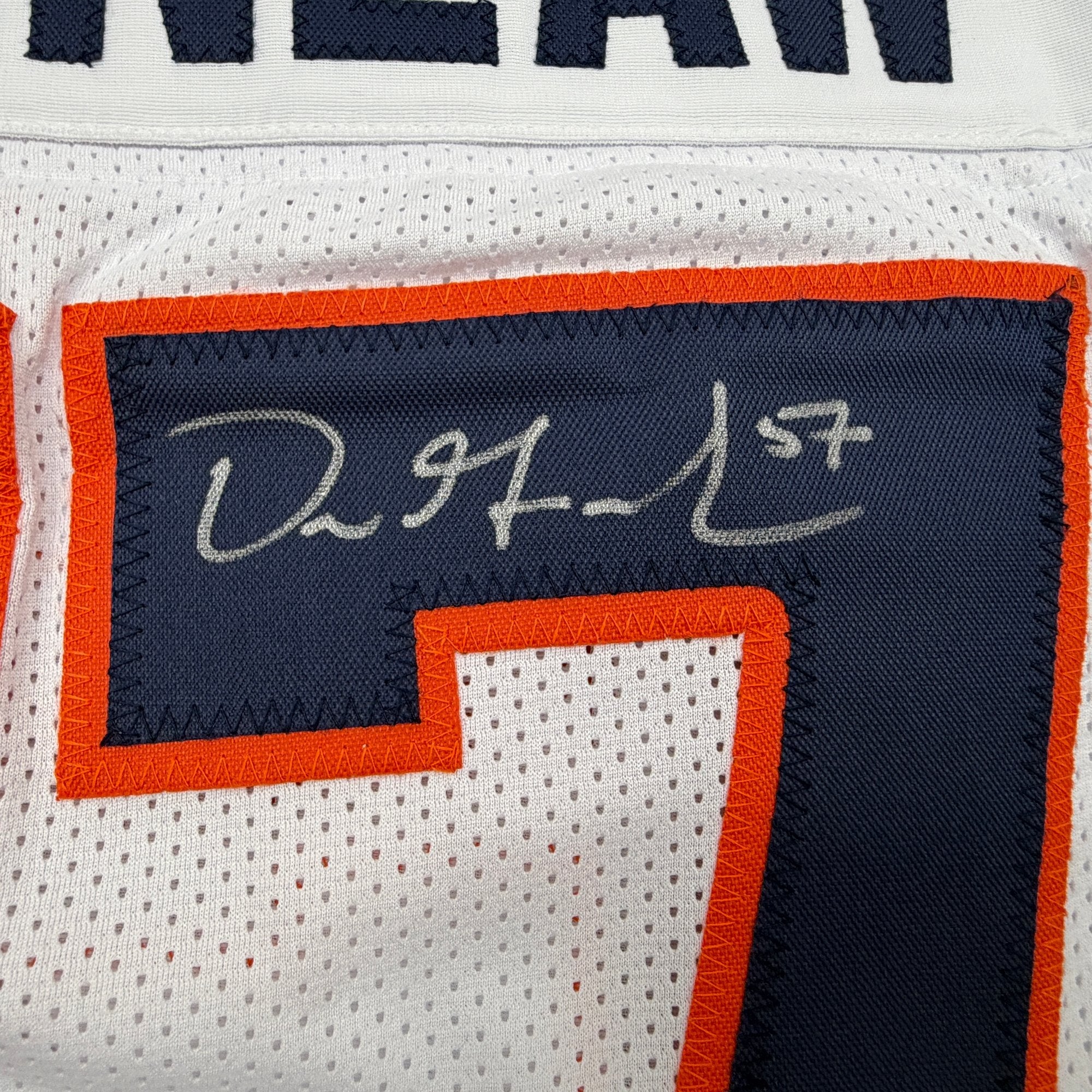 Autographed/Signed Dre Greenlaw Denver White Pro Cut Football Jersey Beckett BAS COA