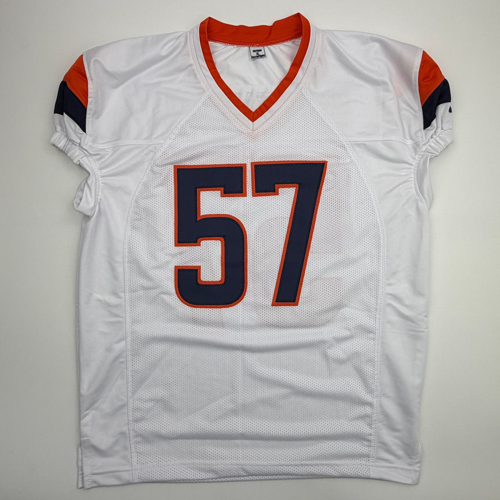 Autographed/Signed Dre Greenlaw Denver White Pro Cut Football Jersey Beckett BAS COA