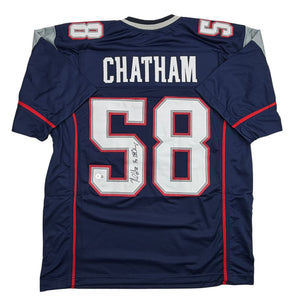 Autographed/Signed Matt Chatham 3x SB Champ New England Blue Football Jersey Beckett BAS COA
