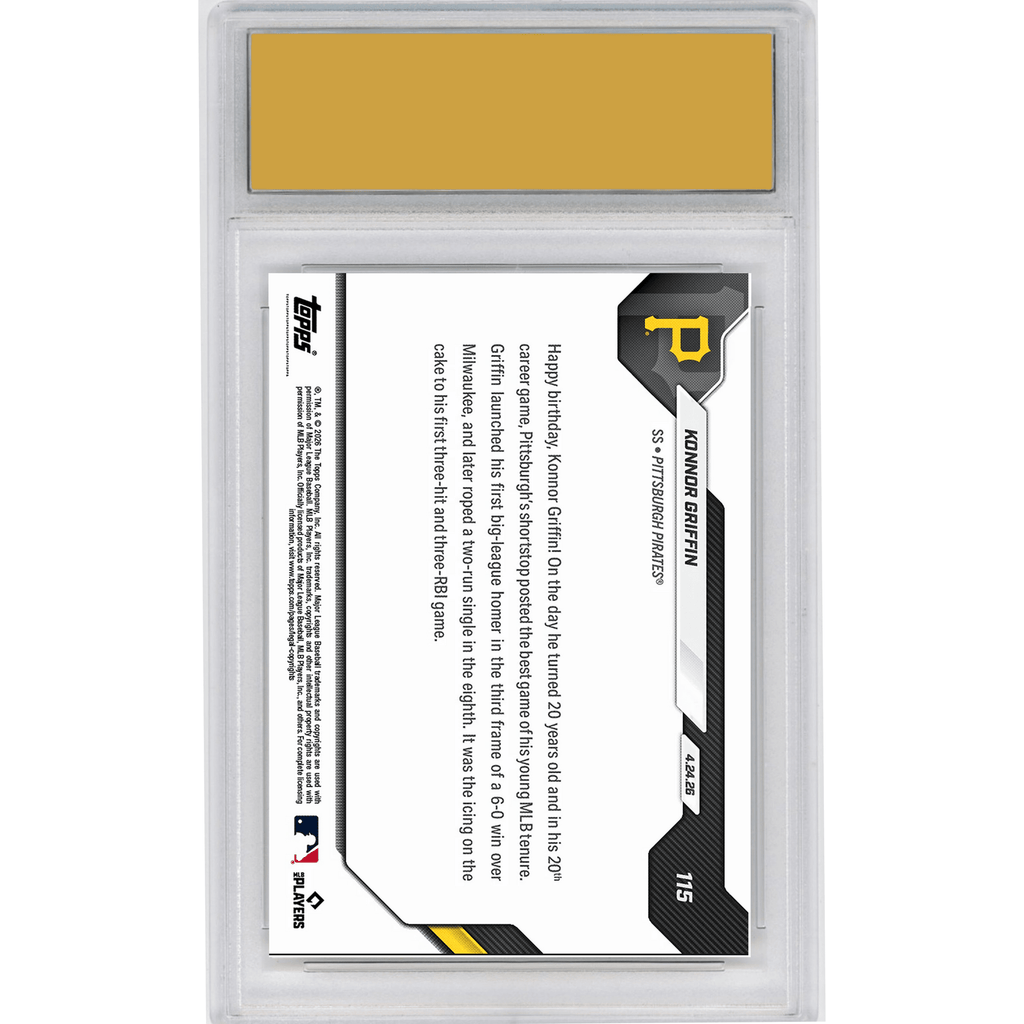 Graded 2026 Topps Now Konnor Griffin #115 Birthday Bash! Clubs 1st MLB Home Run on 20th Birthday Pittsburgh Pirates Rookie RC Baseball Card HOFSM 10 Gem Mint