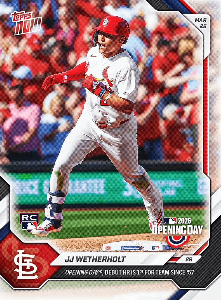 2026 Topps Now JJ Wetherholt #8 Opening Day, Debut Home Run is 1st for Team Since 1957 St Louis Cardinals Rookie RC Baseball Card