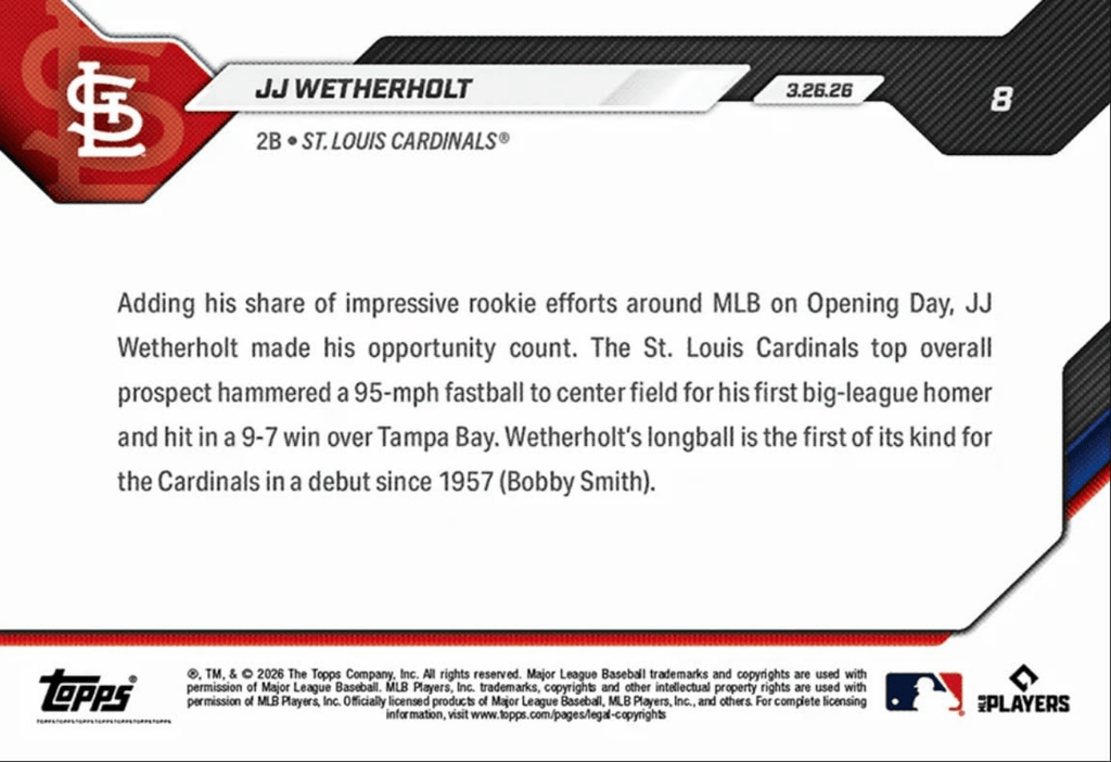 2026 Topps Now JJ Wetherholt #8 Opening Day, Debut Home Run is 1st for Team Since 1957 St Louis Cardinals Rookie RC Baseball Card