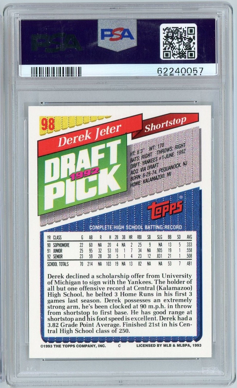 Graded 1993 Topps Gold Derek Jeter #98 Rookie RC Baseball Card PSA 9 Mint