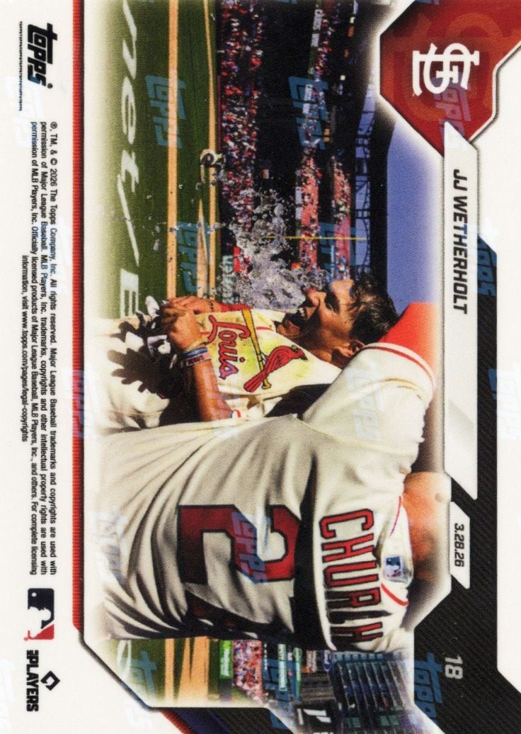 2026 Topps Now JJ Wetherholt #18 Orange Foil /25 Walk Off Hit Logs Club History Not Seen Since '85 St Louis Cardinals Rookie RC Baseball Card