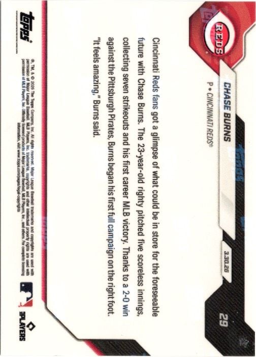 2026 Chase Burns #29 Orange Foil /25 Young Fireballer Secures 1st Career MLB Victory Cincinnati Reds Rookie RC Baseball Card