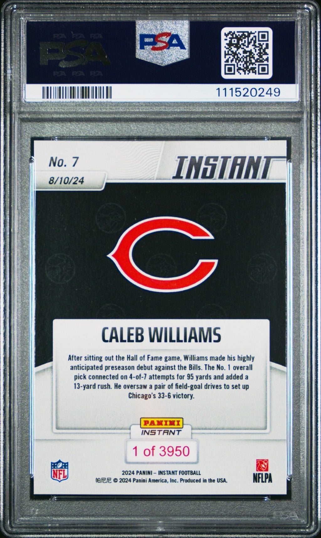 Graded 2024 Panini Instant Caleb Williams #7 Preseason Debut Rookie RC Football Card PSA 10 Gem Mint