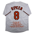 Autographed/Signed Cal Ripken Jr. Baltimore White Stat Baseball Jersey JSA COA