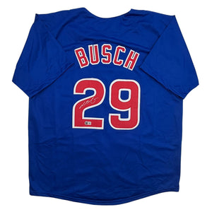 Autographed/Signed Michael Busch Chicago Blue Baseball Jersey Beckett BAS COA