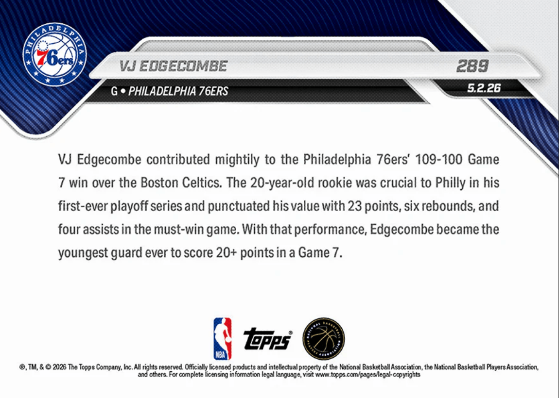 2025 Topps Now VJ Edgecombe #289 Youngest Guard Ever with 20+ Points in Game 7 Performance Philadelphia 76ers Rookie RC Basketball Card