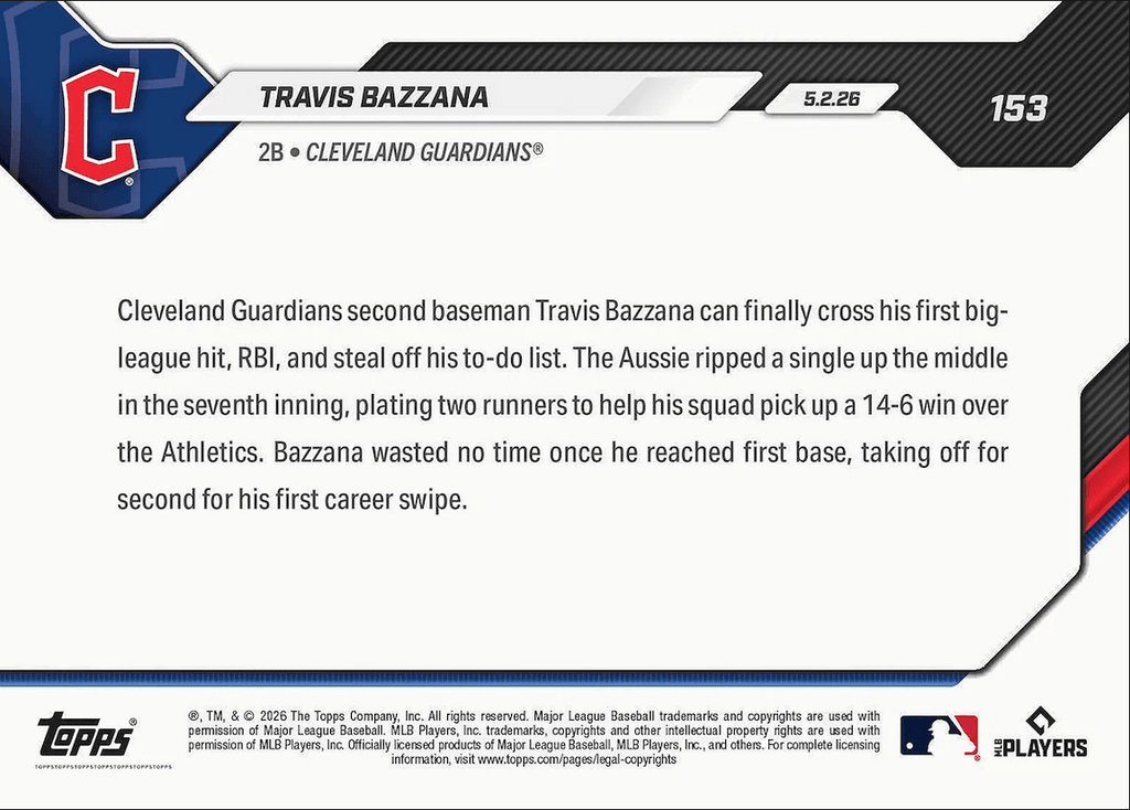 2026 Topps Now Travis Bazzana #153 Guardians Top Prospect Logs 1st Hit, RBI & Steal Cleveland Guardians Rookie RC Baseball Card