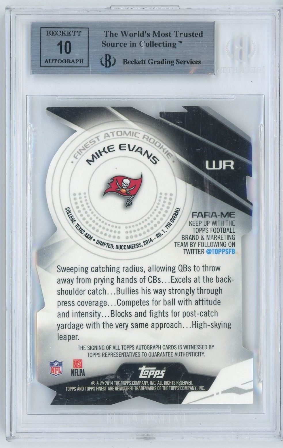 Graded 2014 Topps Finest Mike Evans #FARAME /10 Atomic Rookies Autographs Pulsar Refractors Rookie RC Football Card BGS 9 Auto 10