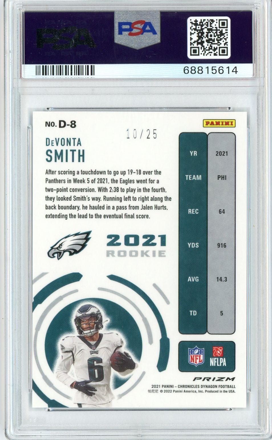 Graded 2021 Chronicles Devonta Smith #D8 Dynagon Rookies Blue /25 Rookie RC Football Card PSA 10 Gem Mint