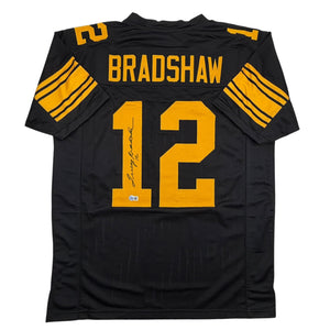 Autographed/Signed Terry Bradshaw Pittsburgh Black Color Rush Football Jersey Beckett BAS COA