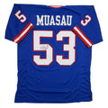 Autographed/Signed Darius Muasau New York Blue Retro Football Jersey JSA COA