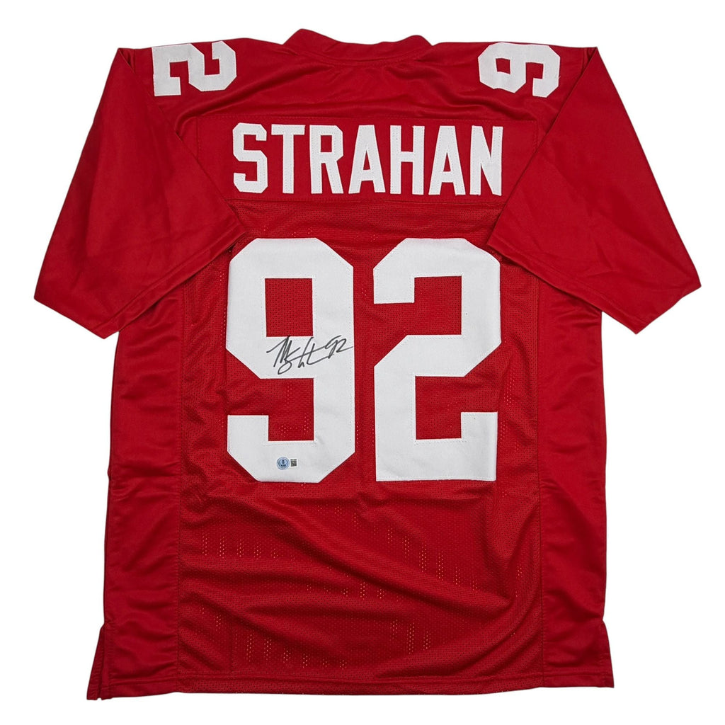 Autographed/Signed Michael Strahan New York Red Football Jersey Beckett BAS COA