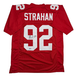 Autographed/Signed Michael Strahan New York Red Football Jersey Beckett BAS COA