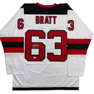Autographed/Signed Jesper Bratt New Jersey NJ White Hockey Jersey Beckett BAS COA