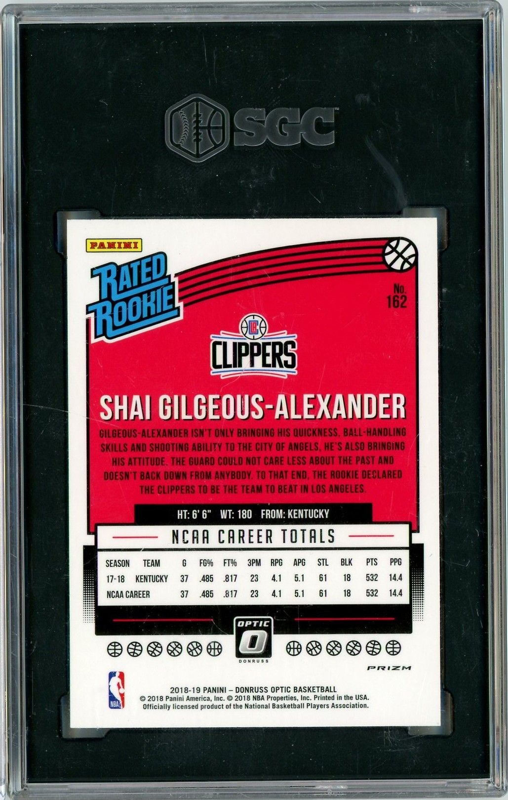 Graded 2018 Panini Donruss Optic Shai Gilgeous Alexander #162 Shock Prizm Rookie RC Basketball Card SGC 9.5 MT+