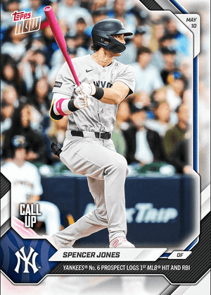 2026 Topps Now Spencer Jones #186 Yankees Number 6 Prospect Logs 1st MLB Hit and RBI New York Yankees Rookie RC Baseball Card