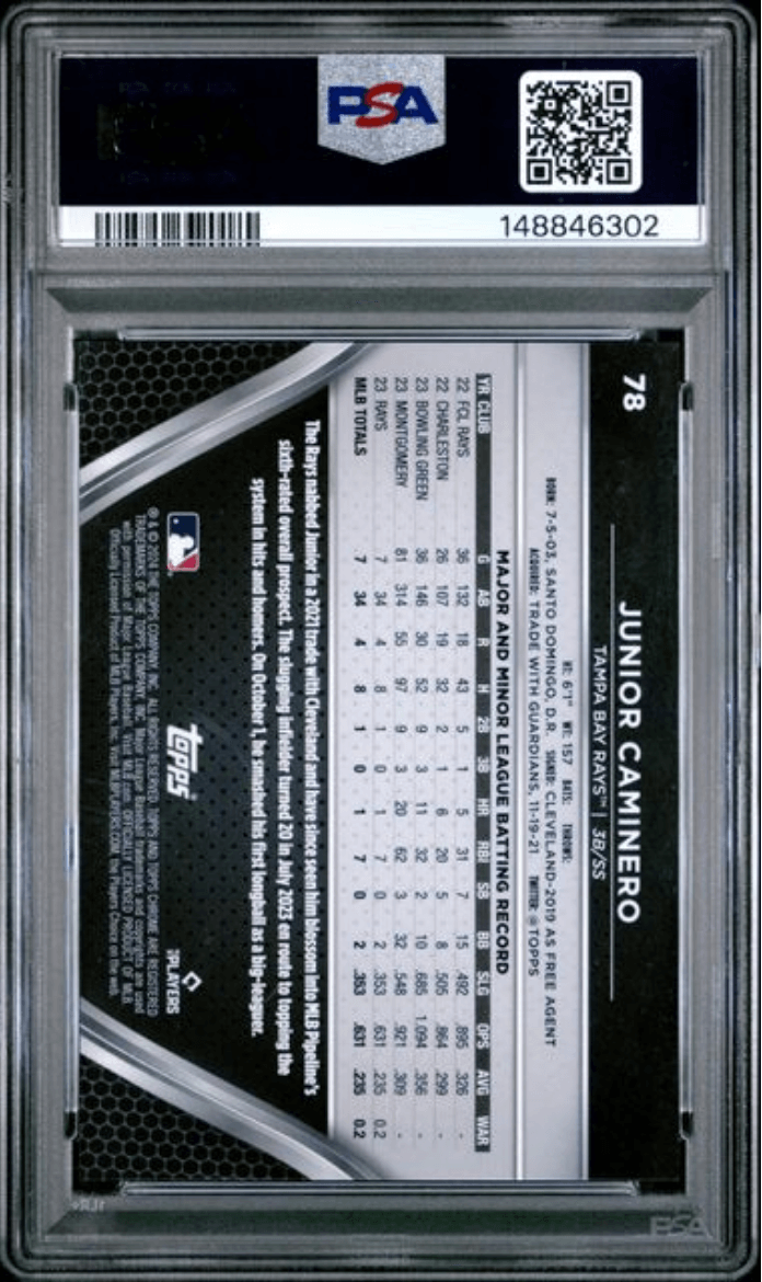 Graded 2024 Topps Chrome Black Junior Caminero #78 Green Refractor /99 Rookie RC Baseball Card PSA 10 Gem Mint