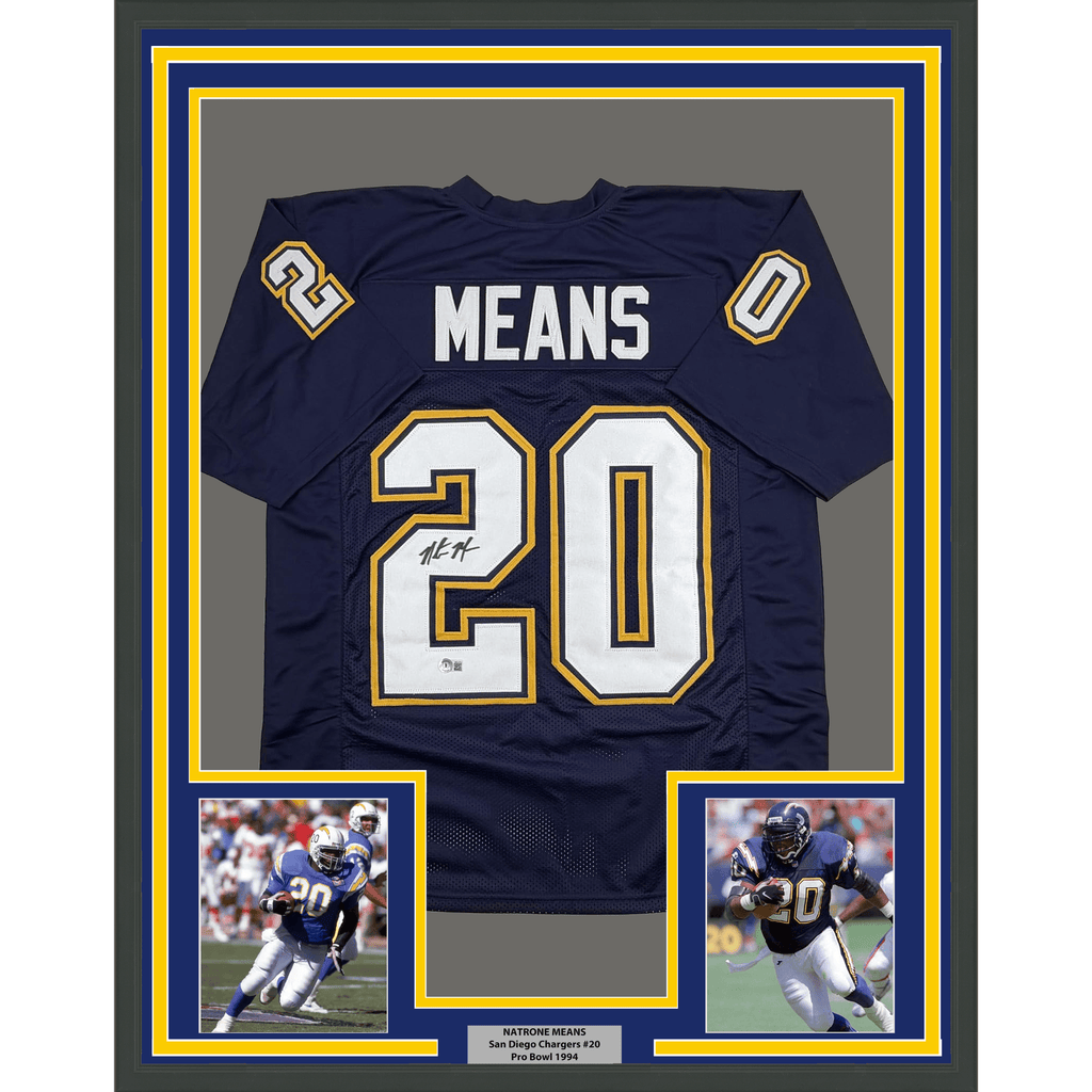 Framed Autographed/Signed Natrone Means 35x39 Los Angeles San Diego Navy Blue Football Jersey Beckett BAS COA