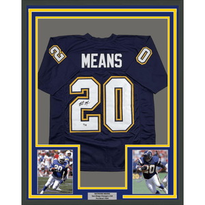 Framed Autographed/Signed Natrone Means 35x39 Los Angeles San Diego Navy Blue Football Jersey Beckett BAS COA