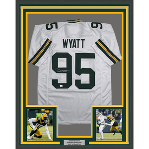 Framed Autographed/Signed Devonte Wyatt 35x39 Green Bay White Football Jersey Beckett BAS COA