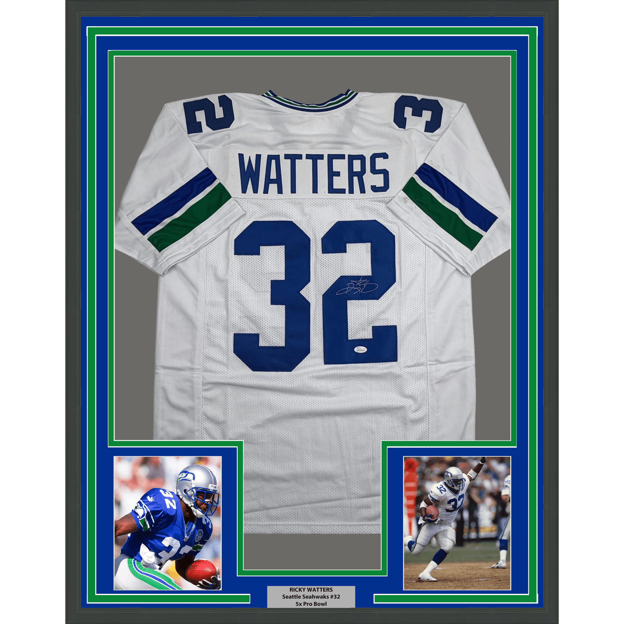 Framed Autographed/Signed Ricky Watters 35x39 Seattle White Football Jersey Beckett BAS COA