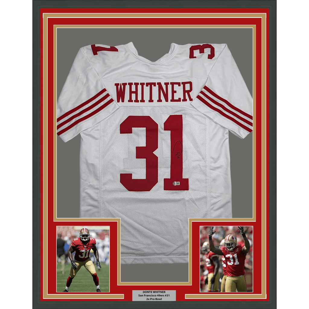 Framed Autographed/Signed Donte Whitner 35x39 San Francisco White Football Jersey Beckett BAS COA