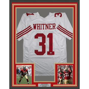 Framed Autographed/Signed Donte Whitner 35x39 San Francisco White Football Jersey Beckett BAS COA