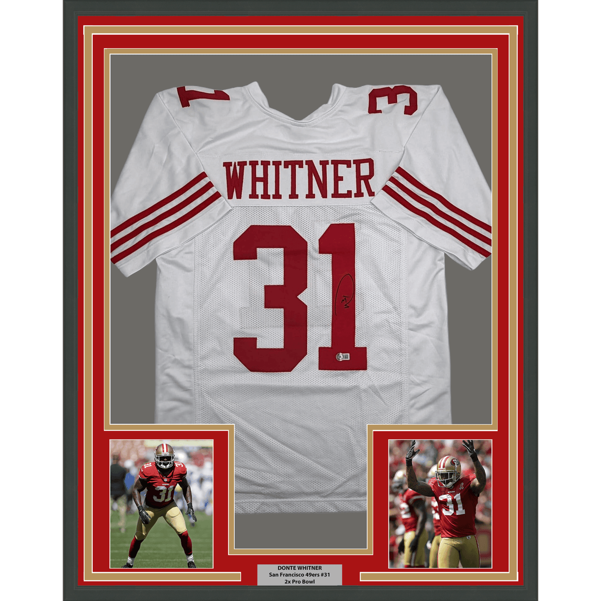 Framed Autographed/Signed Donte Whitner 35x39 San Francisco White Football Jersey Beckett BAS COA