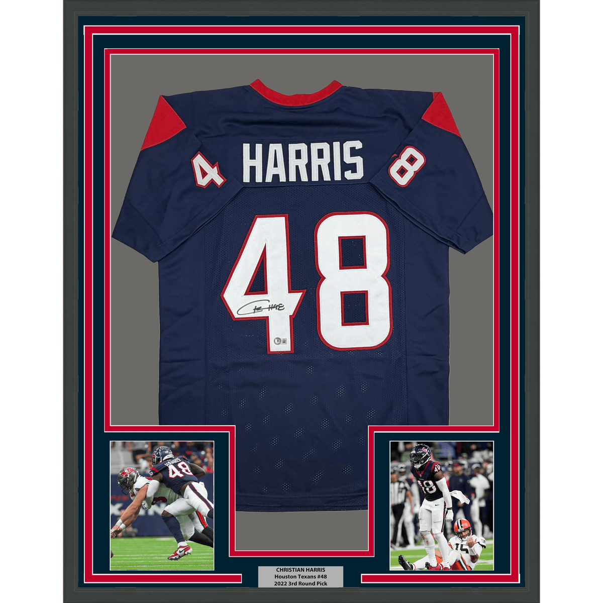 Framed Autographed/Signed Christian Harris 35x39 Houston Blue Football Jersey Beckett BAS COA