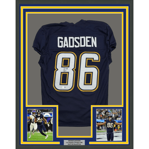 Framed Autographed/Signed Oronde Gadsden 35x39 Los Angeles San Diego Navy Blue Pro Cut Football Jersey Beckett BAS COA