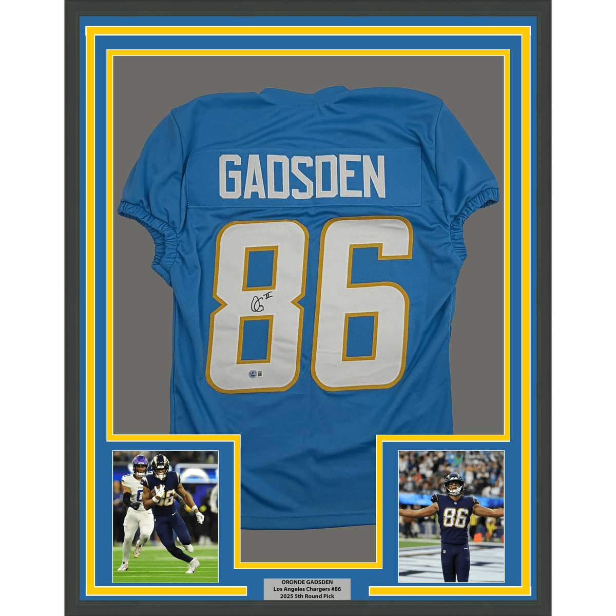 Framed Autographed/Signed Oronde Gadsden 35x39 Los Angeles San Diego Powder Blue Pro Cut Football Jersey Beckett BAS COA