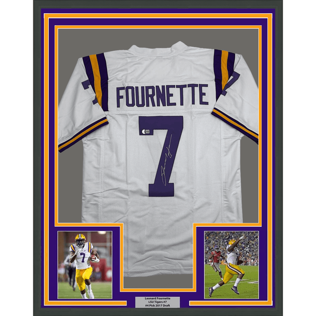 Framed Autographed/Signed Leonard Fournette 35x39 LSU White College Football Jersey Beckett BAS COA
