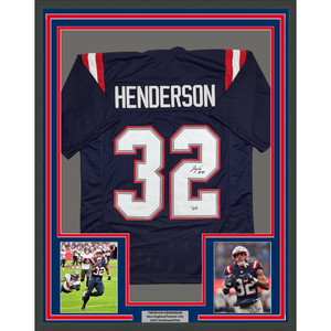 Framed Autographed/Signed TreVeyon Henderson 35x39 New England Blue Football Jersey Beckett BAS COA