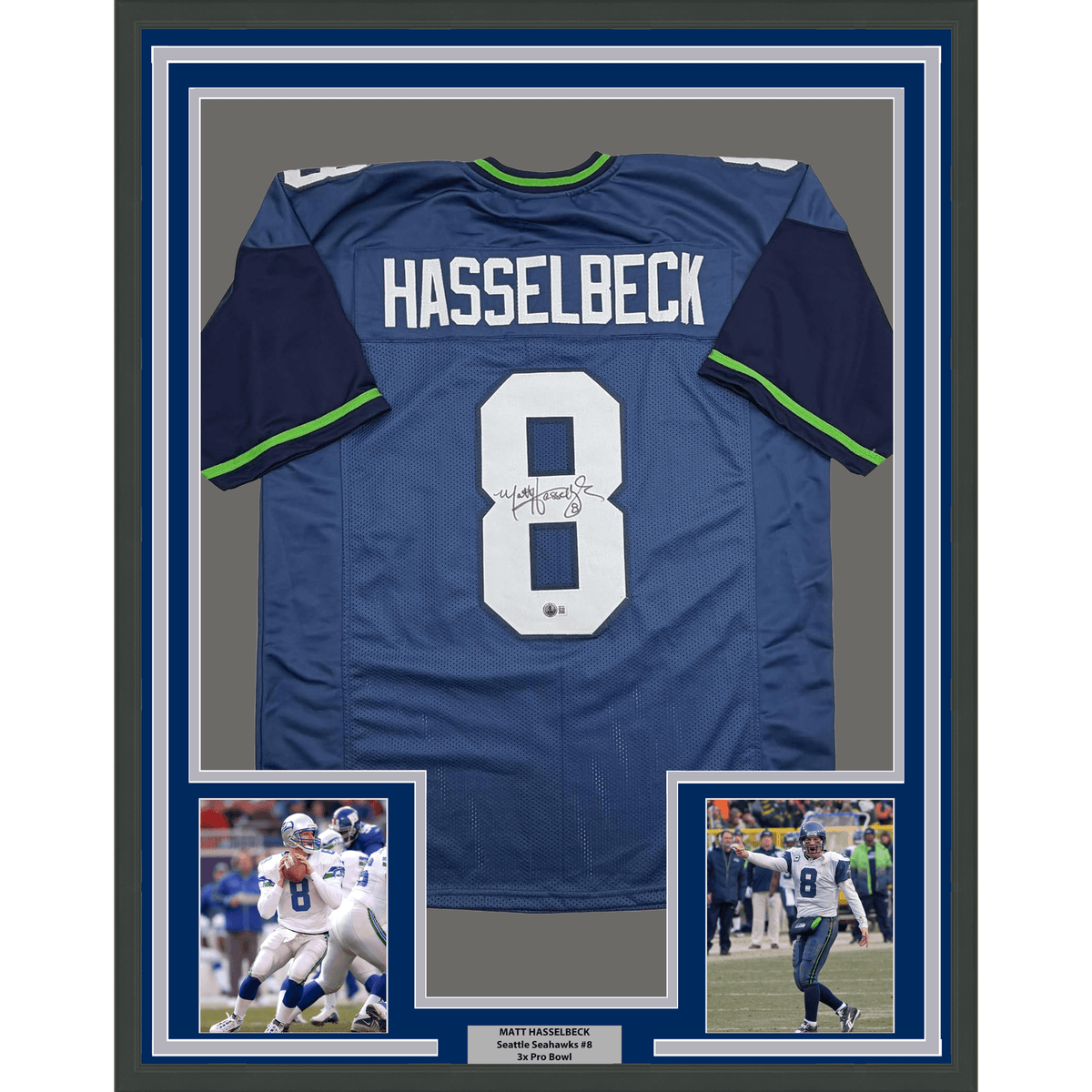 Framed Autographed/Signed Matt Hasselbeck 35x39 Seattle Blue Football Jersey Beckett BAS COA
