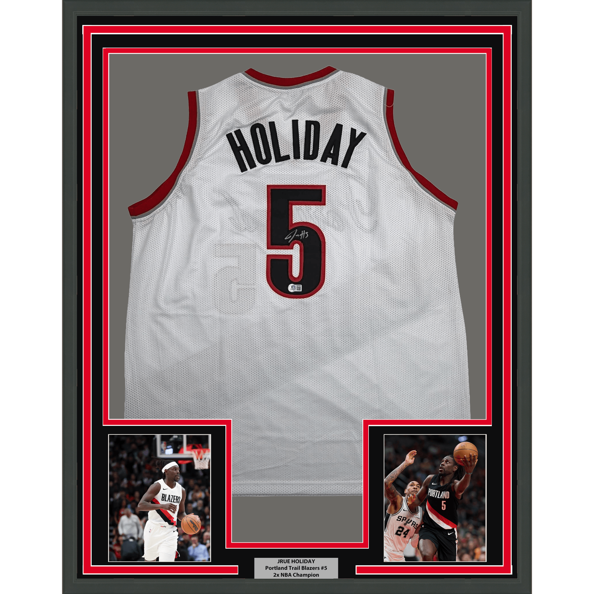Framed Autographed/Signed Jrue Holiday 35x39 Portland White Basketball Jersey Beckett BAS COA