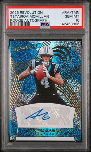Graded 2025 Panini Revolution Tetairoa McMillan #RATMN /299 Rookie Autograph Rookie RC Football Card PSA 10 Gem Mint