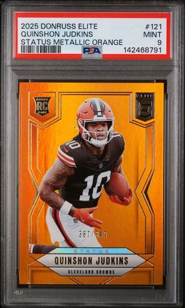 Graded 2025 Donruss Elite Quinshon Judkins #121 /849 Status Metallic Orange Rookie RC Football Card PSA 9 Mint